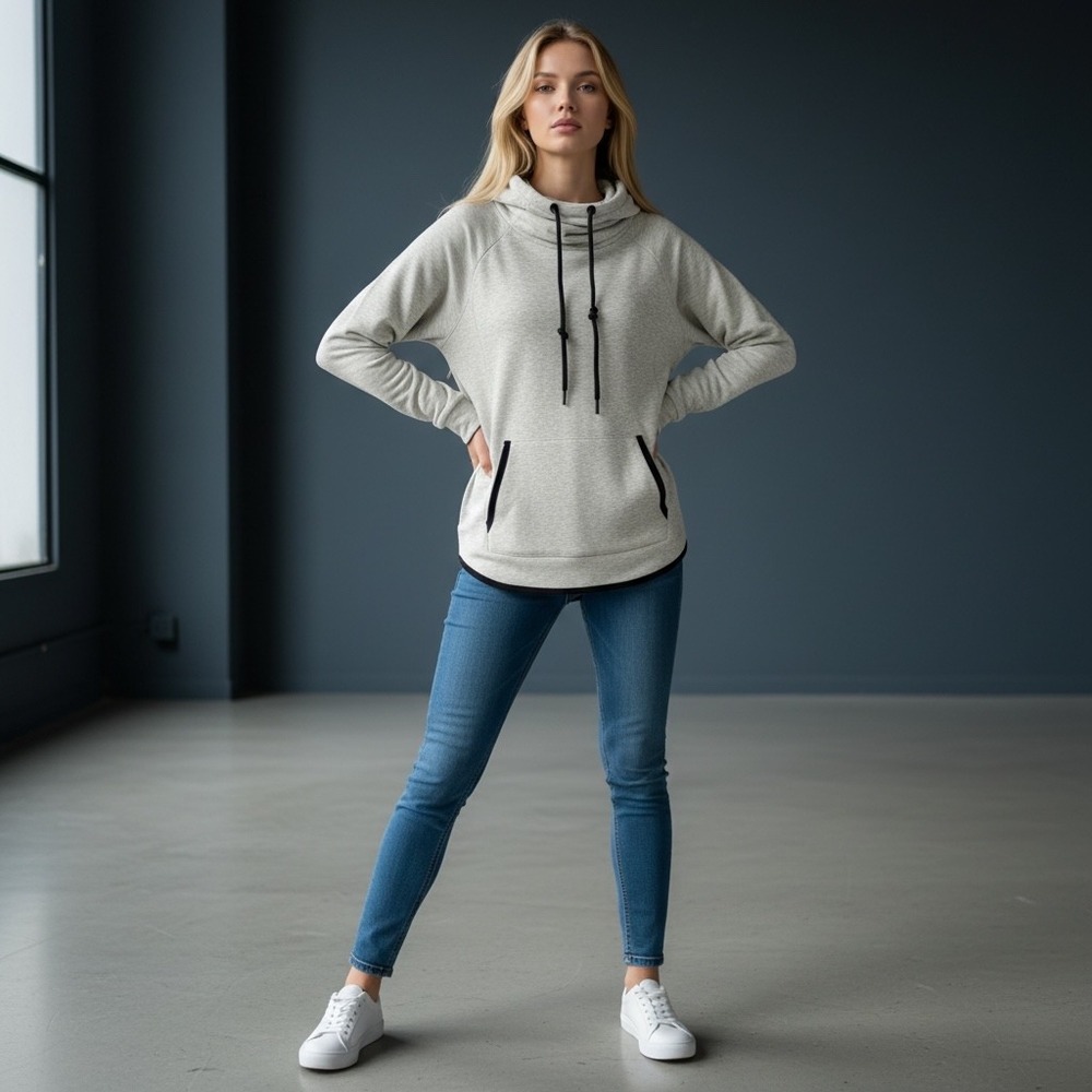 Athleta‎ Heathered Grey Cowl Neck LS Pocket Hoodie Sweatshirt Womens Size L